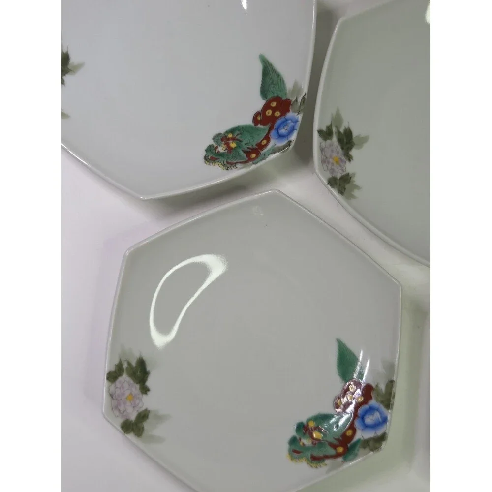 Set Of 5 Hexagonal Plates Hand Painted Foo Dogs Dragons Floral 7.25